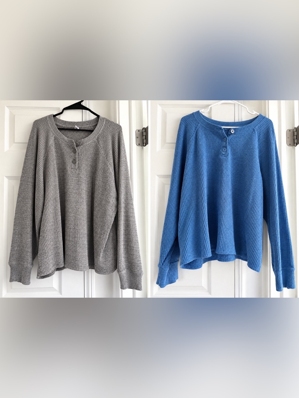 Relaxed Waffle-Knit Crew Sweater in Gray and Blue